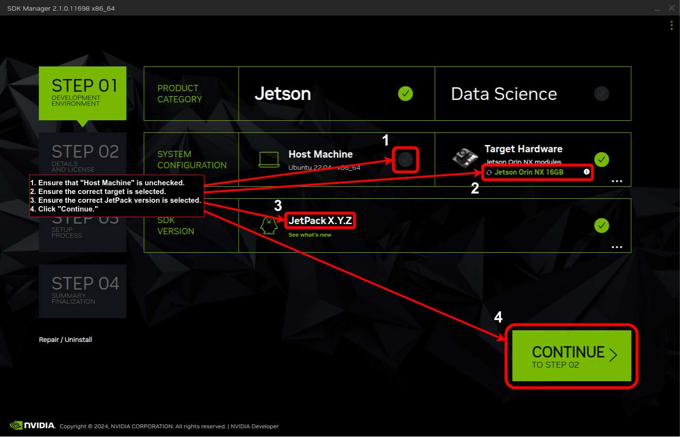 NVIDIA SDK Manager Step 1 Screenshot